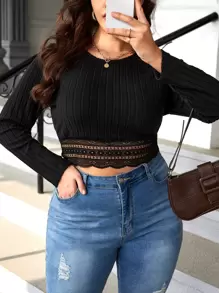 SHEIN Frenchy Plus Contrast Lace Crop Tee - Black - View 1