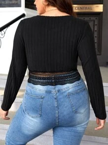 SHEIN Frenchy Plus Contrast Lace Crop Tee - Black - View 2