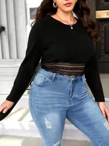 SHEIN Frenchy Plus Contrast Lace Crop Tee - Black - View 3