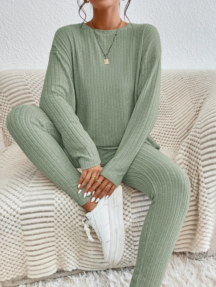 SHEIN Essnce Drop Shoulder Tee & Leggings - Mint Green - View 1