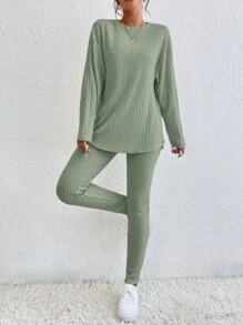 SHEIN Essnce Drop Shoulder Tee & Leggings - Mint Green - View 3