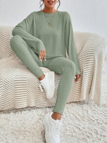 SHEIN Essnce Drop Shoulder Tee & Leggings - Mint Green - View 4