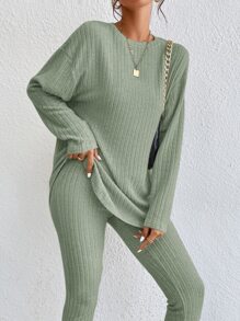 SHEIN Essnce Drop Shoulder Tee & Leggings - Mint Green - View 5