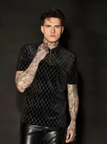 AKNOTIC Business Casual Men Argyle Pattern Quarter Zip Velvet Polo Shirt, For Husband - Black - View 5