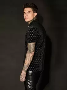 AKNOTIC Business Casual Men Argyle Pattern Quarter Zip Velvet Polo Shirt, For Husband - Black - View 7