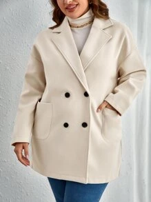 SHEIN Clasi Plus Double Breasted Patched Pocket Overcoat - Beige - View 3