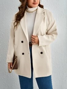 SHEIN Clasi Plus Double Breasted Patched Pocket Overcoat - Beige - View 1