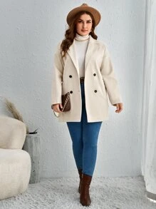 SHEIN Clasi Plus Double Breasted Patched Pocket Overcoat - Beige - View 6