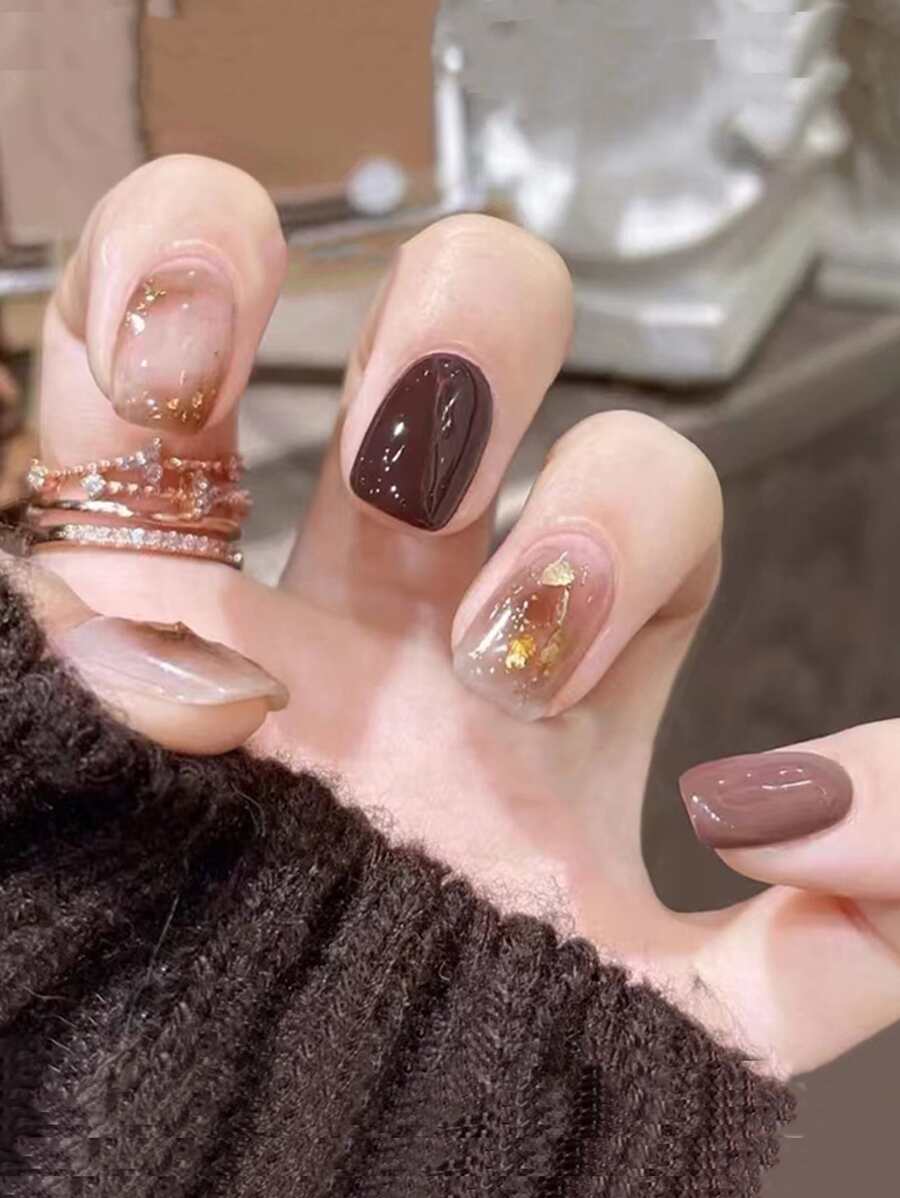 用24入組短方形棕色腮紅塗抹閃光假指甲和1入組指甲銼和1張膠帶改變您指甲 - 彩色 - 查看 1