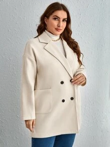 SHEIN Clasi Plus Double Breasted Patched Pocket Overcoat - Beige - View 7