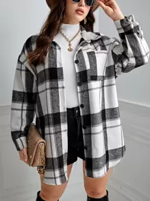 SHEIN Essnce Plus Plaid Print Drop Shoulder Shirt - Black and White - View 1