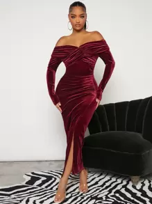 SHEIN SXY Off Shoulder Ruched Split Thigh Velvet Dress - Burgundy - View 1