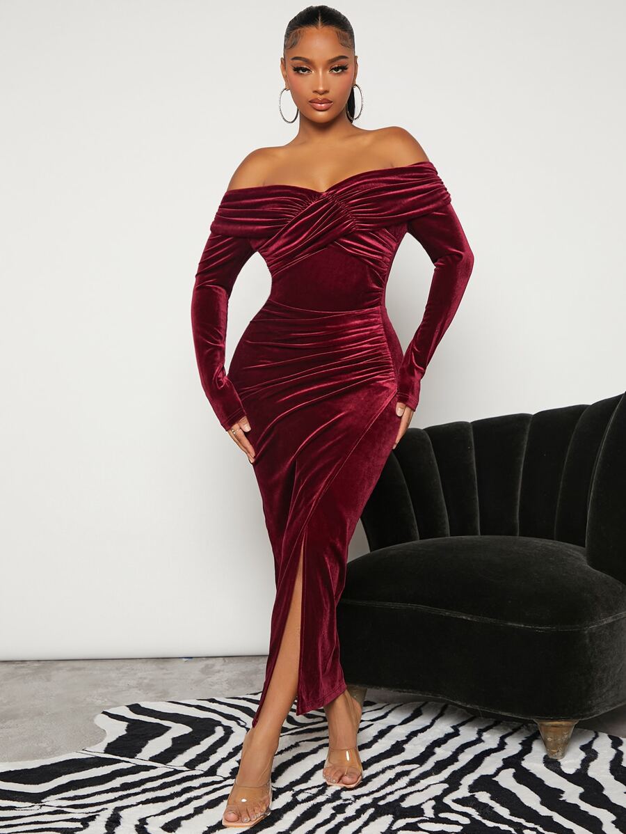 SHEIN SXY Off Shoulder Ruched Split Thigh Velvet Dress - Burgundy - View 1