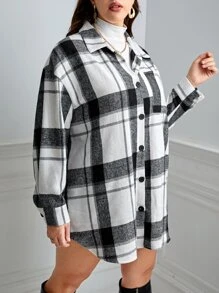 SHEIN Essnce Plus Plaid Print Drop Shoulder Shirt - Black and White - View 4