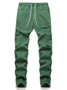 Men Flap Pocket Side Drawstring Waist Cargo Jeans - Green - View 1