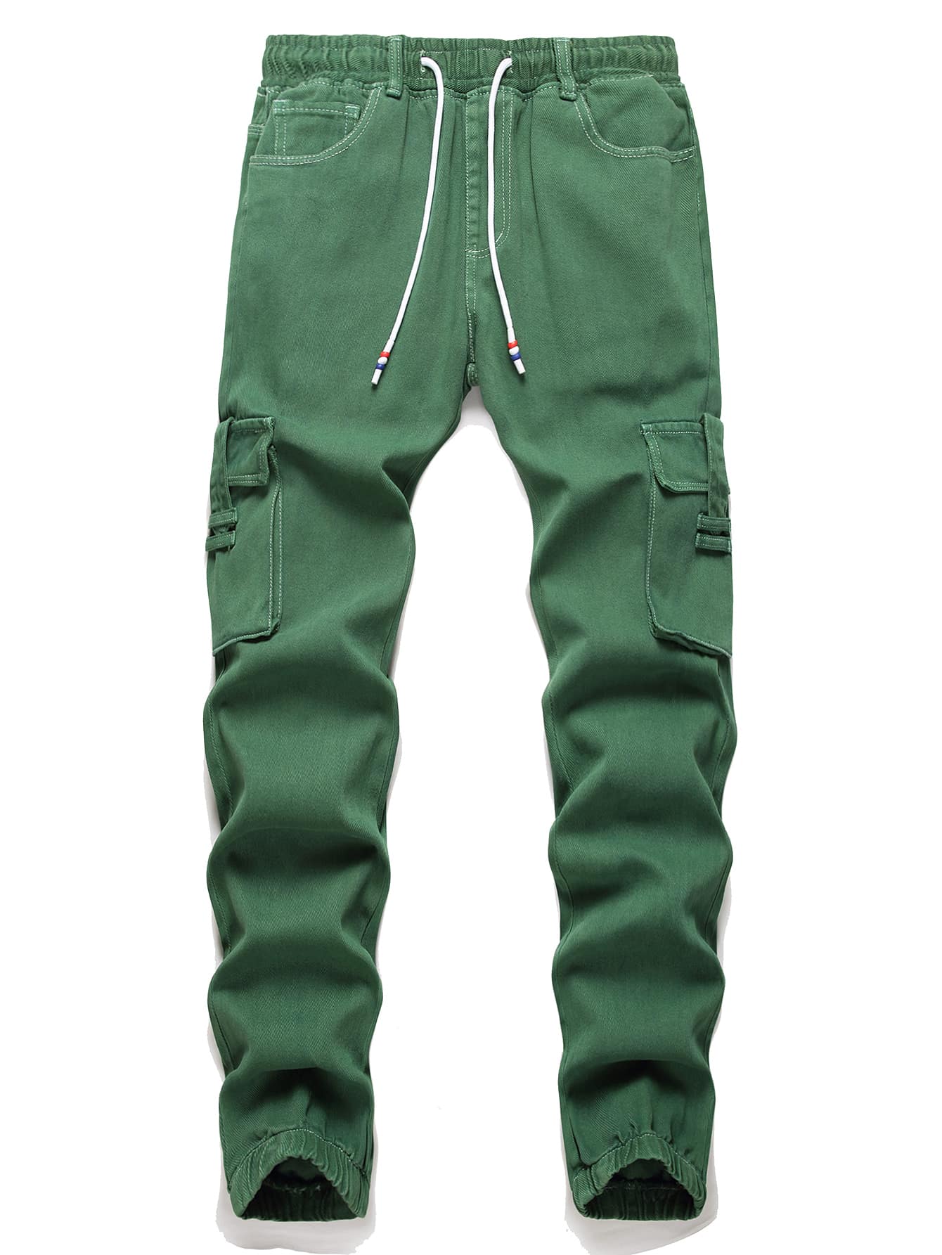 Men Flap Pocket Side Drawstring Waist Cargo Jeans - Green - View 1