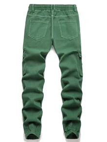 Men Flap Pocket Side Drawstring Waist Cargo Jeans - Green - View 2