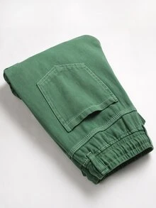 Men Flap Pocket Side Drawstring Waist Cargo Jeans - Green - View 3
