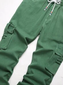 Men Flap Pocket Side Drawstring Waist Cargo Jeans - Green - View 4