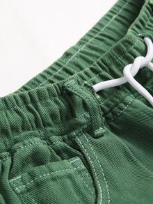 Men Flap Pocket Side Drawstring Waist Cargo Jeans - Green - View 5