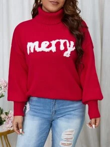 Calvaya Plus Letter Pattern Turtleneck Drop Shoulder Sweater - Red - View 1