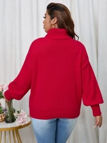 Calvaya Plus Letter Pattern Turtleneck Drop Shoulder Sweater - Red - View 2