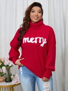 Calvaya Plus Letter Pattern Turtleneck Drop Shoulder Sweater - Red - View 3
