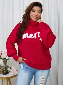 Calvaya Plus Letter Pattern Turtleneck Drop Shoulder Sweater - Red - View 4