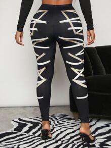 SHEIN SXY 3D細繩印花緊身打底褲 - 黑色 - 查看 2