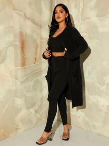 SHEIN SXY Solid Crop Top & Leggings & Dual Pocket Coat - Black - View 1
