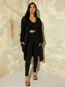 SHEIN SXY Solid Crop Top & Leggings & Dual Pocket Coat - Black - View 4