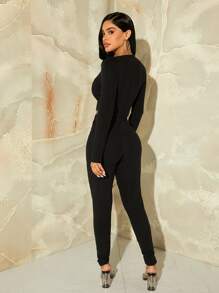 SHEIN SXY Solid Crop Top & Leggings & Dual Pocket Coat - Black - View 6