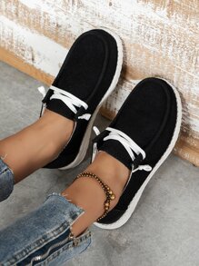 女士系帶設計休閒運動戶外燈芯絨一腳蹬鞋 - 黑色 - 查看 3