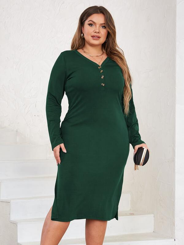 Plus Button Front Split Hem Dress