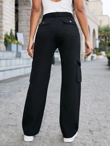 翻蓋口袋腰帶工裝牛仔褲 - 黑色 - 查看 2