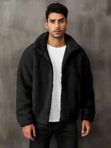 Men Zip Up Drop Shoulder Teddy Jacket - Black - View 1