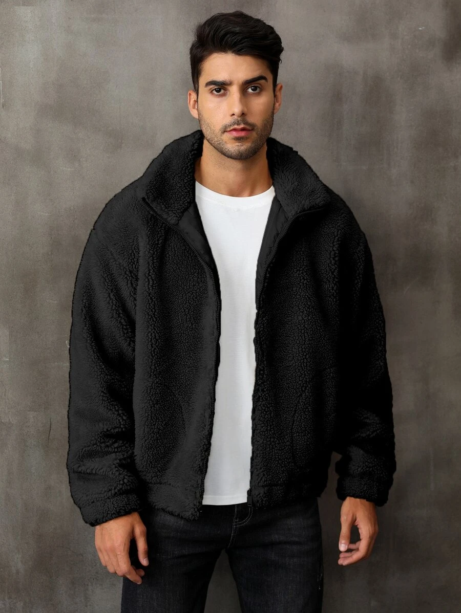 Men Zip Up Drop Shoulder Teddy Jacket - Black - View 1