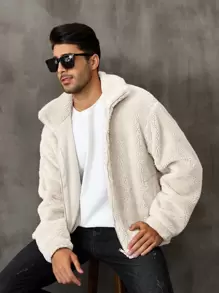 Men Zip Up Teddy Jacket - Beige - View 3