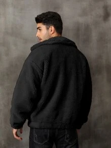 Men Zip Up Drop Shoulder Teddy Jacket - Black - View 2
