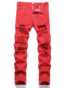 男士破洞口袋拉链修身直筒牛仔裤 - 紅色 - 查看 1