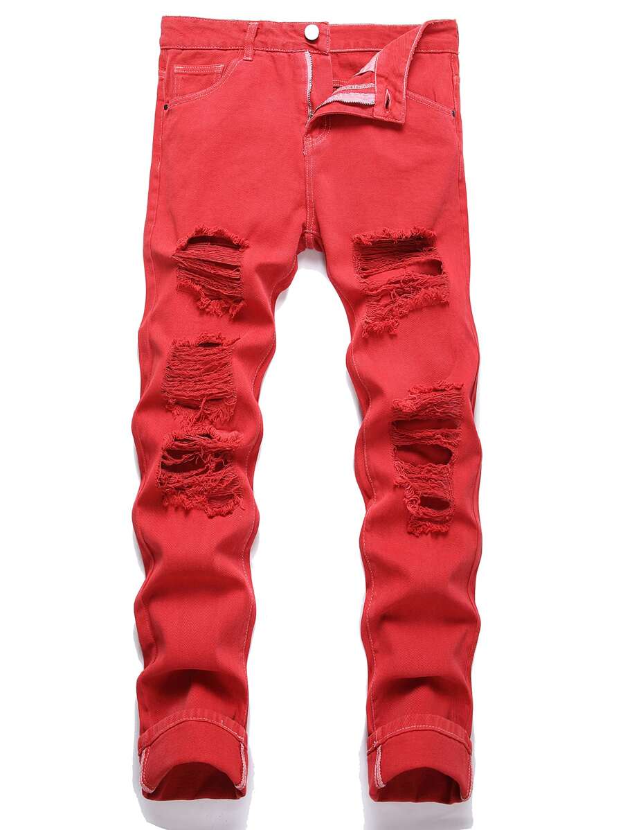 男士破洞口袋拉链修身直筒牛仔裤 - 紅色 - 查看 1