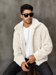 Men Zip Up Teddy Jacket - Beige - View 4