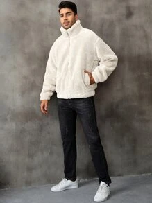 Men Zip Up Teddy Jacket - Beige - View 5