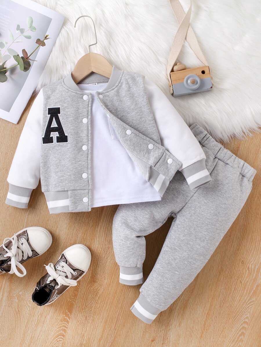 SHEIN Baby Boy Letter Patched Thermal Lined Bomber Jacket & Sweatpants