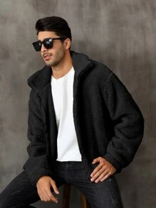 Men Zip Up Drop Shoulder Teddy Jacket - Black - View 3