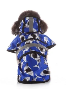 1pc Shark Print Hooded Pet Raincoat - Blue - View 7