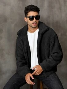 Men Zip Up Drop Shoulder Teddy Jacket - Black - View 5