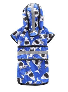 1pc Shark Print Hooded Pet Raincoat - Blue - View 8