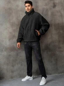 Men Zip Up Drop Shoulder Teddy Jacket - Black - View 7