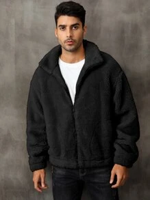 Men Zip Up Drop Shoulder Teddy Jacket - Black - View 8